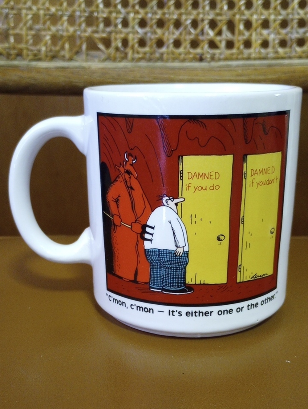 Vintage Far Side Ceramic Mug. Damned if You Do, Damned if You Don't. Gary Larson
